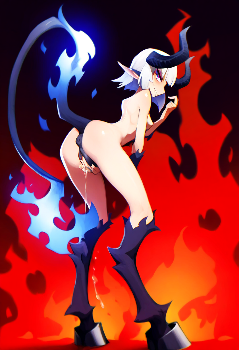 ai_generated atriel_(oc) blue_fire cookie-girl demon_girl demon_horns demon_tail digitigrade equine_pussy from_behind from_behind_position hooves horns horsepussy long_hair looking_at_viewer looking_back looking_back_at_viewer masturbating masturbation medium_breasts naked on_fire original_character pointy_ears presenting_anus presenting_ass presenting_pussy purple_eyes pussy_juice simple_background smirk smirking_at_viewer white_hair