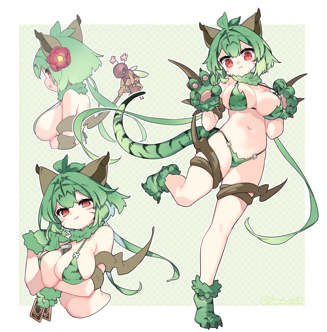 :3 cards duel_monster embarrassed female full_body gijinka hand_on_head holding_object insect large_breasts looking_back multiple_views naturia_beast paw_pose personification tail yu-gi-oh!