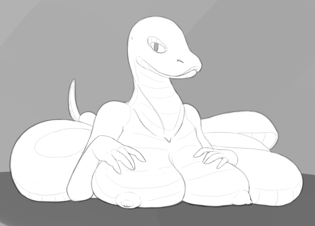anthro areola big_breasts breast_squish breasts female hand_on_breast monochrome nipples reptile scalie snake solo squish zokva