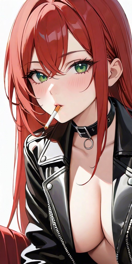 1girls ai_generated bad_girl bare_breasts big_eyes blush blush_lines blushing_at_viewer breasts breasts_apart cigarette cigarette_in_mouth cleavage close-up clothed clothing collar collarbone commentary_request female female_focus female_only glossy_lips green_eyes hair_between_eyes hair_over_shoulder leather leather_clothing leather_jacket lia_the_busty_redhead lips lipstick long_hair long_lashes looking_at_viewer medium_breasts no_bra open_clothes open_jacket original original_character red_hair self_upload simple_background smoking solo solo_female solo_focus tagme teenager young