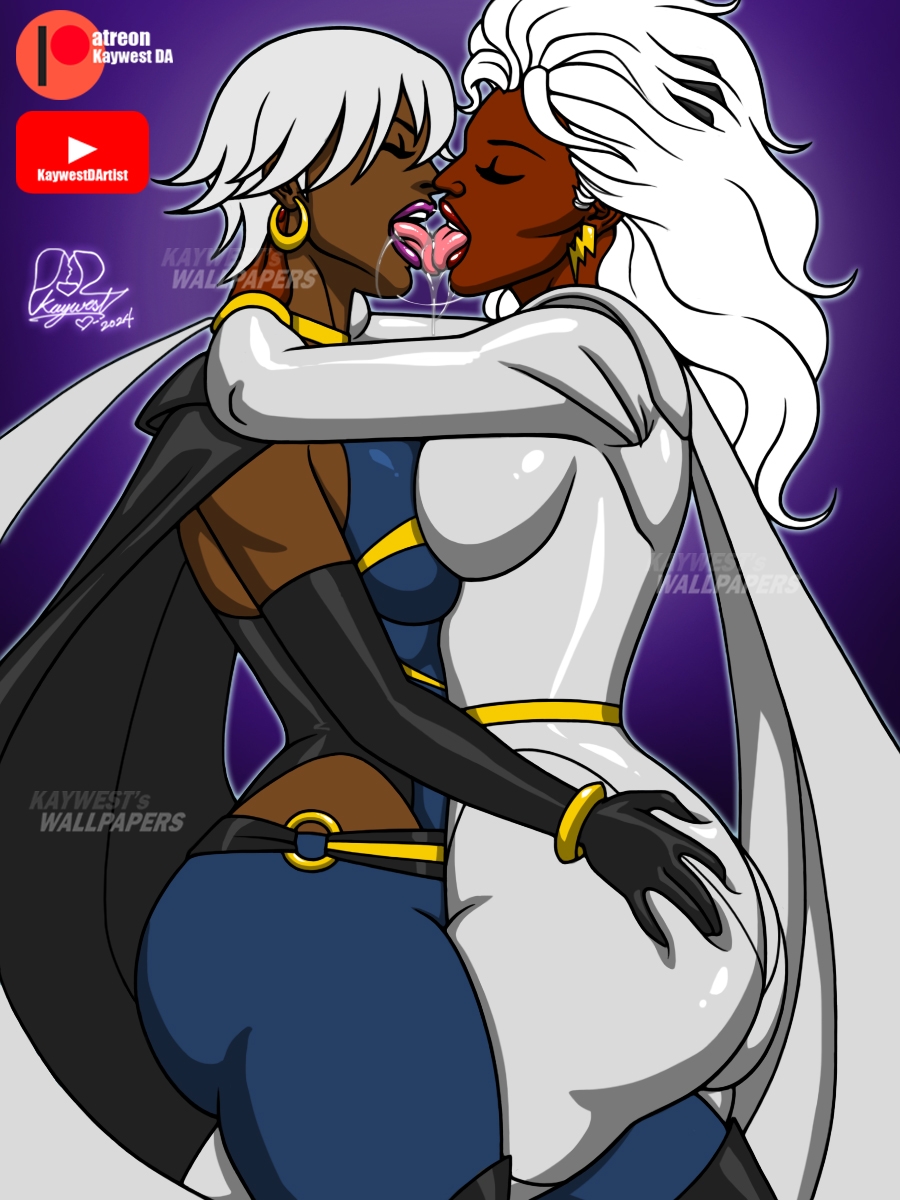 2girls 3:4 ass big_ass big_breasts breasts dark-skinned_female dark_skin female female_only kaywest kissing large_breasts marvel marvel_comics multiple_girls ororo_munroe selfcest source_request storm_(x-men) tongue tongue_kiss tongue_out white_hair x-men x-men_anime yuri