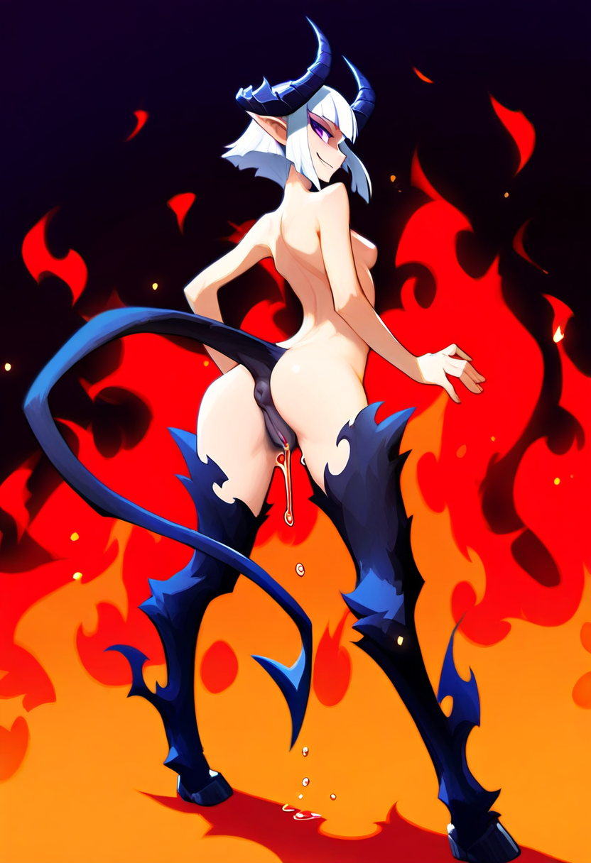 ai_generated atriel_(oc) cookie-girl demon_girl demon_horns demon_tail digitigrade equine_pussy from_behind from_behind_position hooves horns horsepussy long_hair looking_at_viewer looking_back looking_back_at_viewer medium_breasts naked original_character pointy_ears presenting_anus presenting_ass presenting_pussy purple_eyes pussy_juice simple_background smirk smirking_at_viewer white_hair