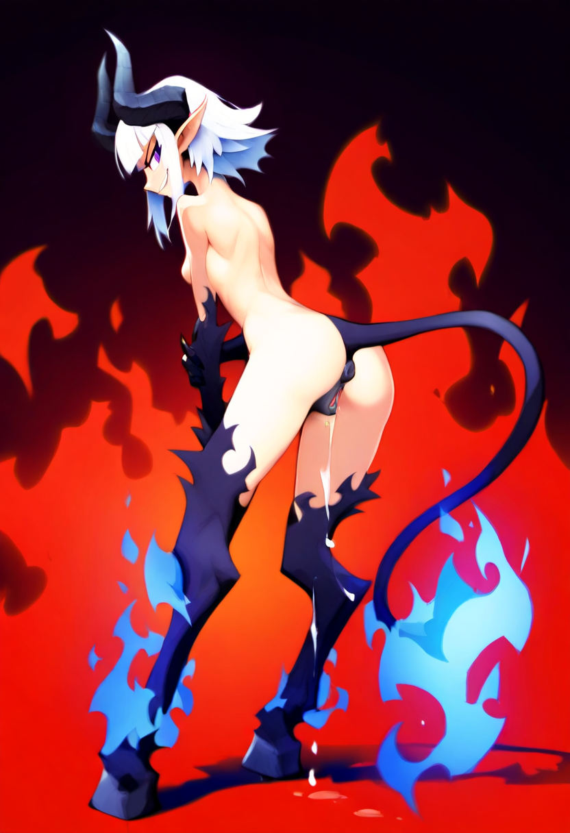 ai_generated atriel_(oc) blue_fire cookie-girl demon_girl demon_horns demon_tail digitigrade equine_pussy from_behind from_behind_position hooves horns horsepussy long_hair looking_at_viewer looking_back looking_back_at_viewer medium_breasts naked on_fire original_character pointy_ears presenting_anus presenting_ass presenting_pussy purple_eyes pussy_juice simple_background smirk smirking_at_viewer white_hair