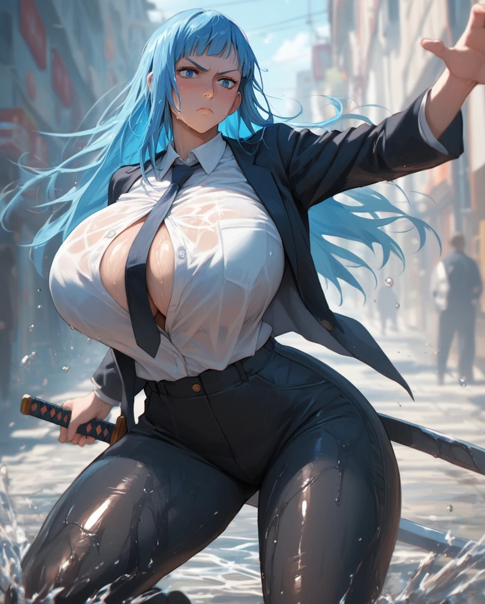 1girls ai_generated alternate_breast_size bare_legs blue_eyes blue_hair female female_only ganggang gigantic_breasts huge_breasts huge_thighs hyper_breasts jujutsu_kaisen kasumi_miwa light-skinned_female light_skin long_hair massive_breasts shounen_jump solo squatting suit_and_tie sweat sweatdrop thick_body thick_female thick_thighs thighs voluptuous voluptuous_female