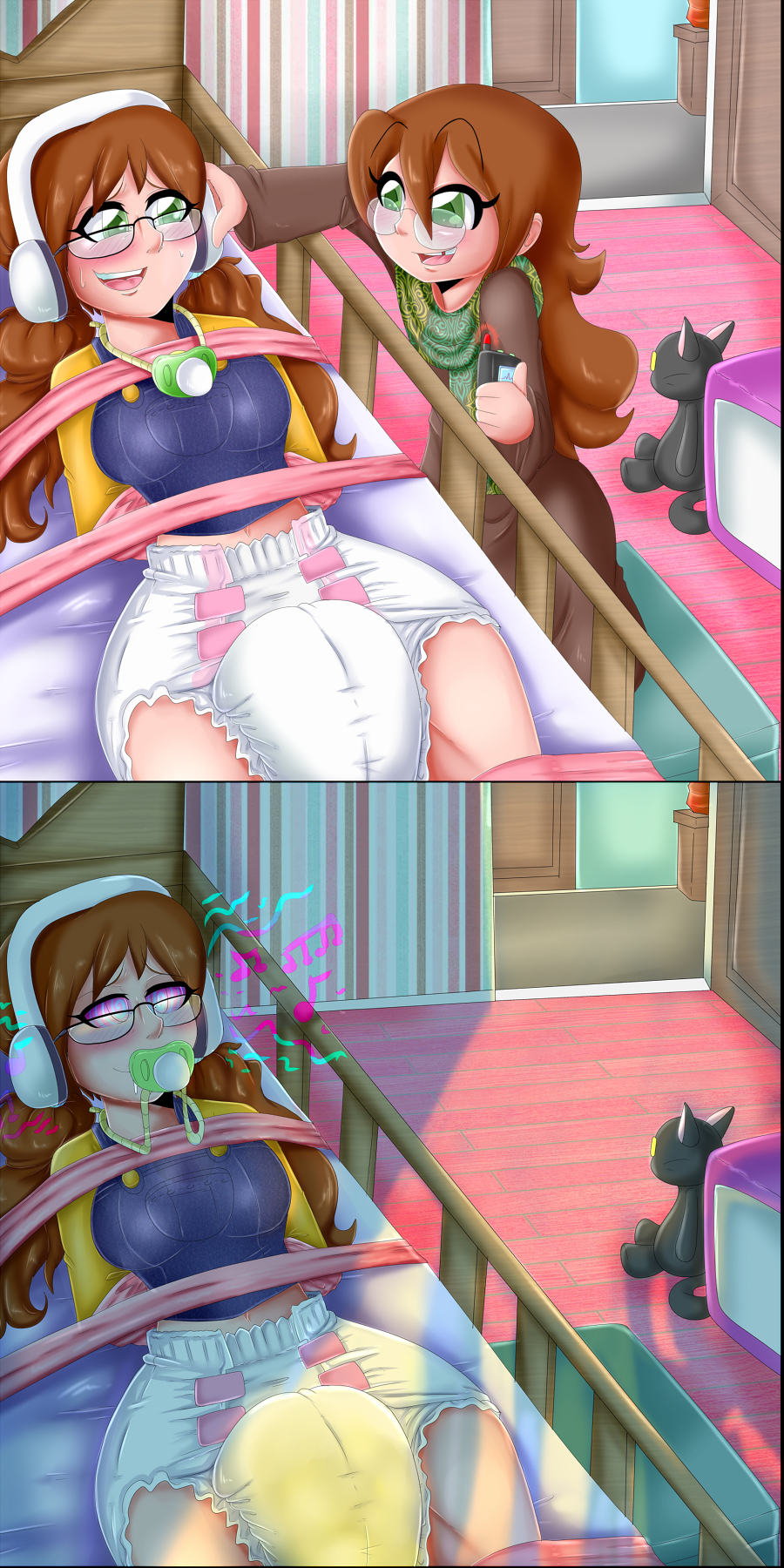 age_difference aweye bedroom before_and_after blush brown_hair diaper femdom femsub glasses happy_trance headphones kiddom long_hair multiple_girls original pacifier poofy_diaper spiral_eyes symbol_in_eyes tagme tech_control urination