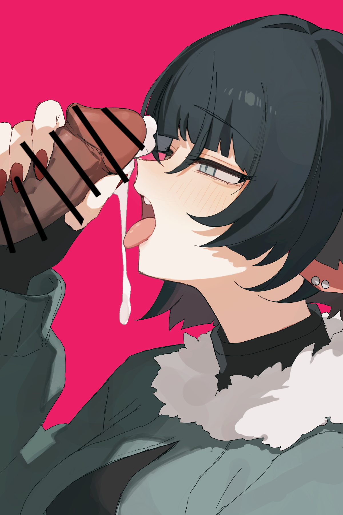 bar censor, black gloves, blunt bangs, blush, censored, cum, female, fingerless gloves, from side, fur trim, fur-trimmed jacket, gloves, green eyes, green hair, green jacket, handjob, highres, jacket, jane doe (zenless zone zero), male, natochi200, open mouth, penis, pink background, sidelocks, simple background, solo, tongue, tongue out, upper body, zenless zone zero