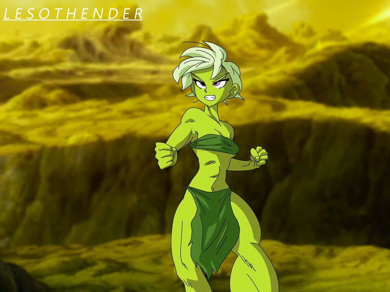 1girls 2020 abs alien alien_girl artist_name bare_shoulders belly belly_button biceps cheelai curvy curvy_female curvy_figure curvy_hips dragon_ball dragon_ball_super female female_focus female_only fists fists_clenched green_fur green_skin hips humanoid lesothender looking_to_the_side looking_up muscles muscular muscular_female navel pink_eyes serious short_hair shoulders simple_background solo solo_female solo_focus teeth thick thick_hips thick_legs thick_thighs thighs watermark white_hair