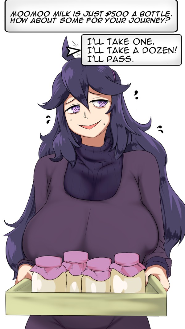 1girls, alternate breast size, big breasts, breasts, cute, female, goth, goth girl, gothic, hex maniac, huge breasts, human, large breasts, light skin, light-skinned female, long hair, milk, milk bottle, nintendo, pokemon, pokemon xy, purple hair, setawar (coco), text, top heavy, voluptuous