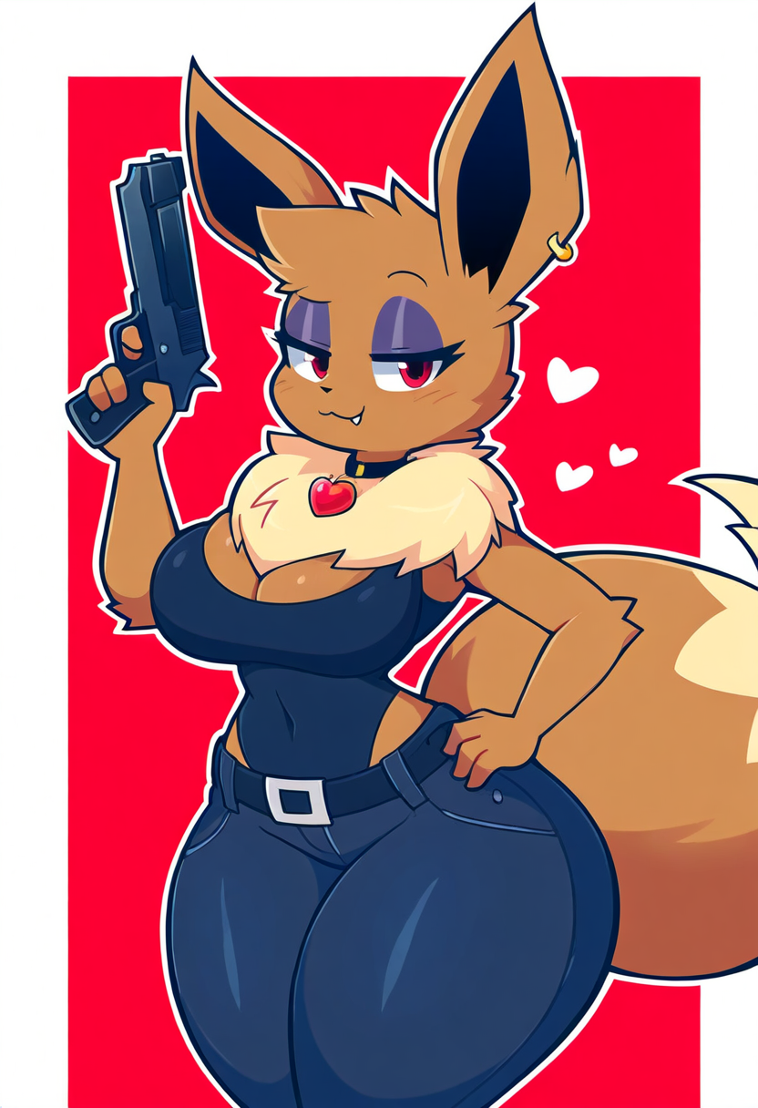 absurd_res ai_generated anthro anthrofied belt big_breasts bottomwear breasts canid choker cleavage clothed clothing cute_fangs ear_piercing eevee female fur generation_1_pokemon gun hand_on_hip handgun heart hellsonger hi_res holding_object holding_weapon jewelry looking_at_viewer mammal necklace nintendo pants piercing pokemon pokemon_(species) pokemorph ranged_weapon red_eyes solo thick_thighs tuft weapon wide_hips