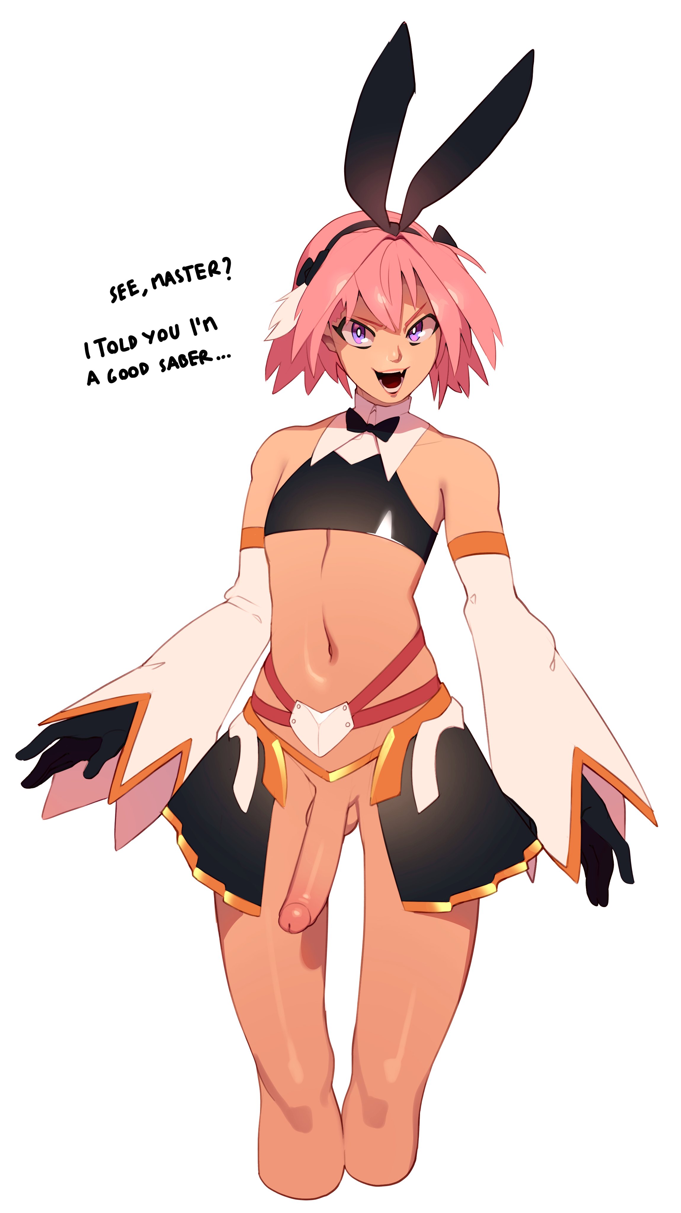 1boy, absurdres, astolfo (fate), balls, big penis, combos-n-doodles, english text, erection, fate (series), fate/apocrypha, femboy, girly, highres, hung trap, long penis, male, male only, penis, solo, talking to viewer, testicles, text, trap