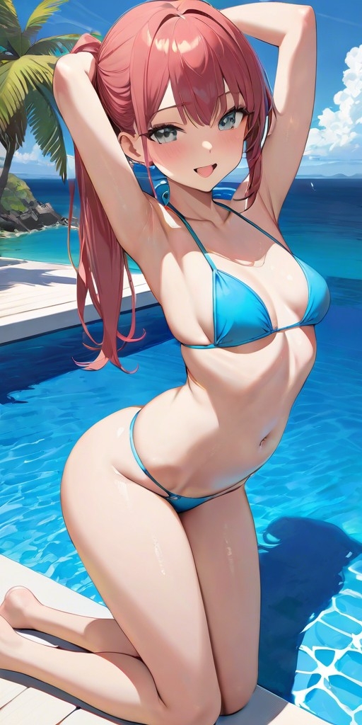 1girls ai_generated armpits arms_behind_head arms_up bangs bikini bikini_bottom bikini_top blue_bikini blush breasts clothed clothed_female clothing collarbone commentary_request female female_focus female_only green_eyes happy kneeling lia_the_busty_redhead long_bangs looking_at_viewer micro_bikini ocean original original_character outdoors outside pelvic_line petite ponytail pool poolside red_hair self_upload skimpy skimpy_bikini skimpy_clothes skinny small_breasts solo solo_female solo_focus tagme thighs water