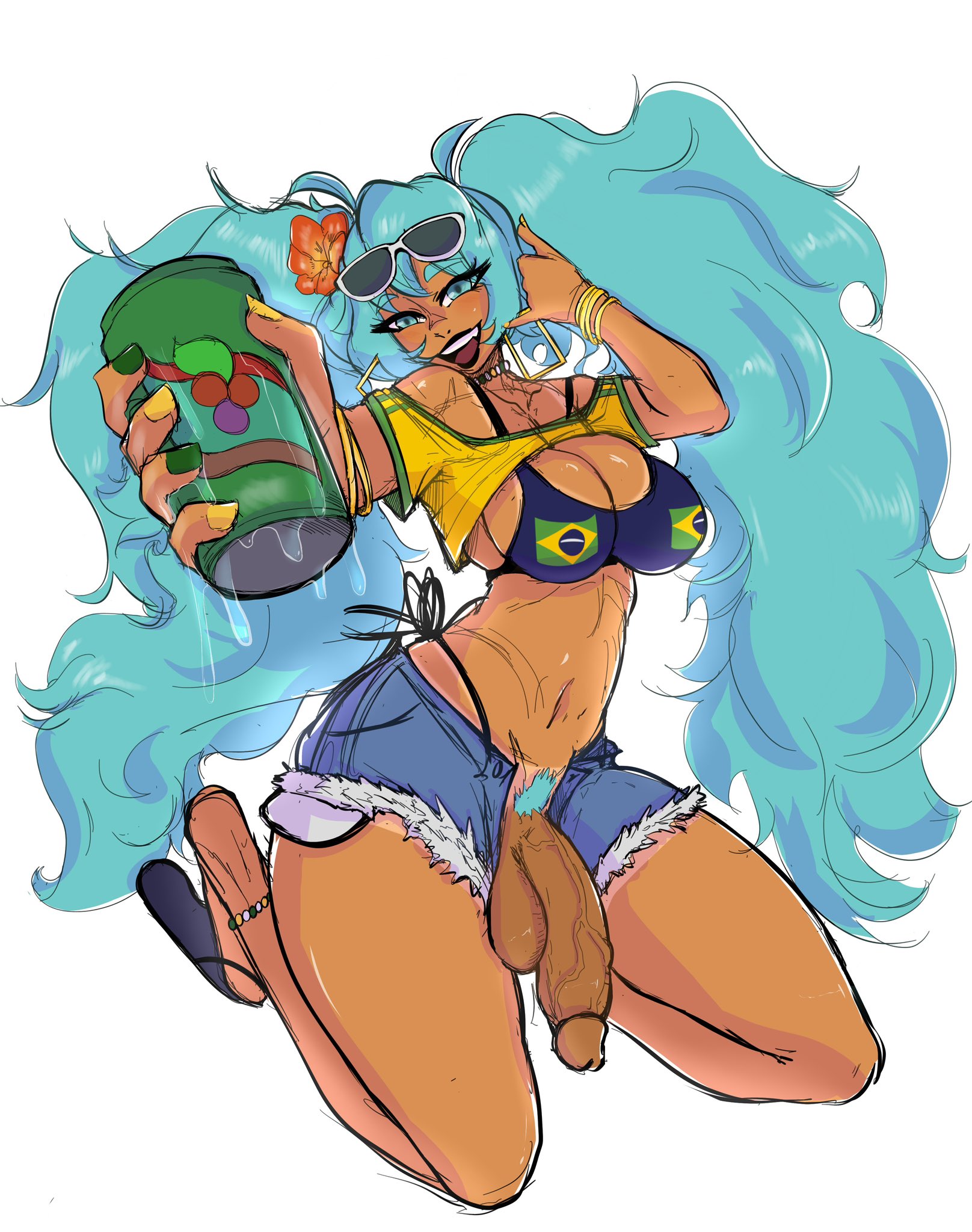 1futa, 1girl, anklet, aqua hair, ass, beverage, beverage can, big ass, big breasts, big hair, big thighs, bikini, black bikini, blue eyes, blue hair, bottomless, bra, bracelet, brazil, brazilian, brazilian futa, brazilian miku, breasts, can, cleavage, clothed, clothing, cyan eyes, cyan hair, dark skin, dark-skinned female, dark-skinned futa, denim, denim shorts, drink, earrings, eyewear on head, female, flaccid, flower, foreskin, futa only, futanari, hair, hair flower, hair ornament, half-erect, hatsune miku, highleg, huge ass, huge thighs, human, intersex, jewelry, kneeling, large breasts, large penis, latin american hatsune miku (meme), long hair, looking at viewer, lumysticall, mostly nude, navel, open mouth, penis, pubic hair, sandals, shirt, shorts, smile, smiling, smiling at viewer, solo, sunglasses, swimsuit, tan, tan body, testicles, thick hips, thick thighs, thighs, thong, twintails, uncensored, vein, veins, veiny penis, very long hair, vocaloid, white background, yellow shirt