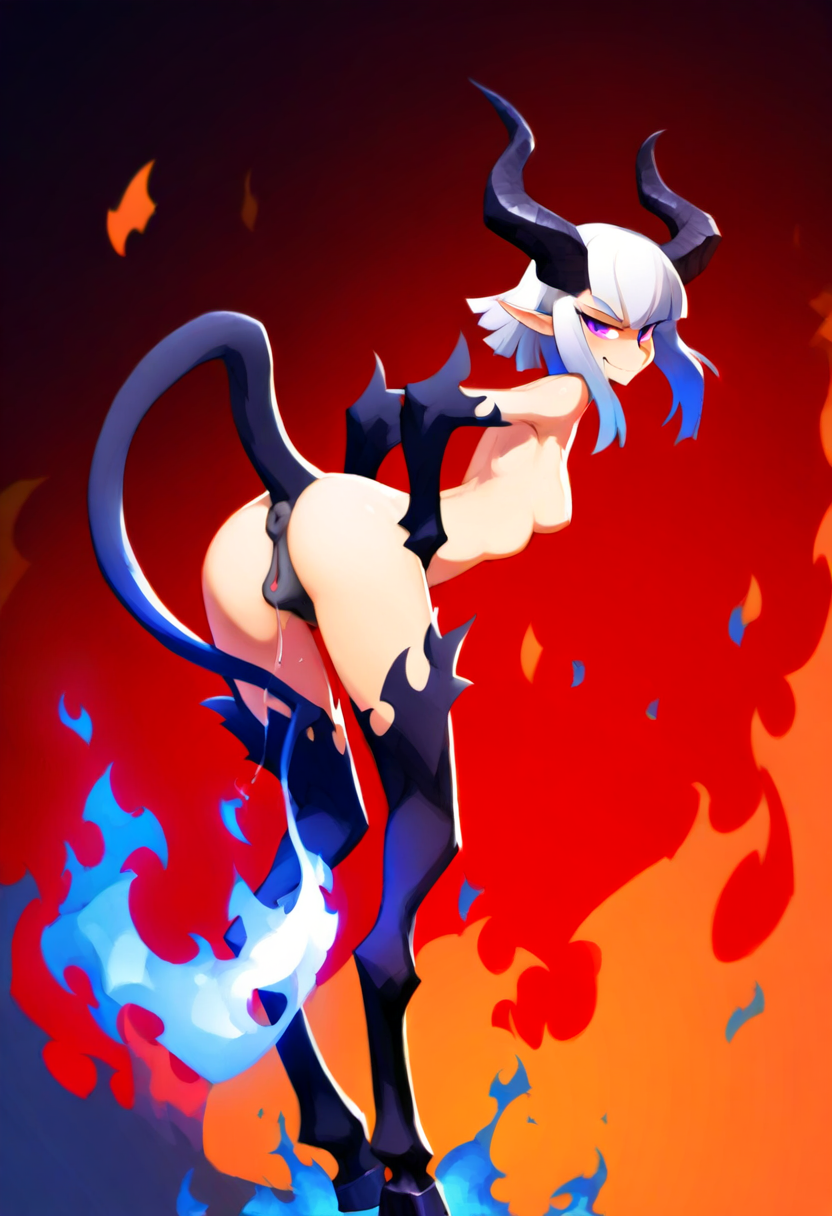 ai_generated atriel_(oc) blue_fire cookie-girl demon_girl demon_horns demon_tail digitigrade equine_pussy from_behind from_behind_position hooves horns horsepussy long_hair looking_at_viewer looking_back looking_back_at_viewer medium_breasts naked on_fire original_character pointy_ears presenting_anus presenting_ass presenting_pussy purple_eyes pussy_juice simple_background smirk smirking_at_viewer white_hair