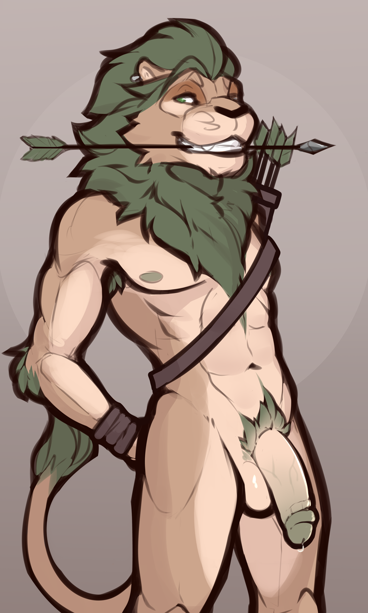 anthro arrow_(weapon) bodily_fluids clyde_wolf digital_media_(artwork) erection felid fur genital_fluids genitals green_body green_eyes green_fur green_hair green_penis hair hi_res humanoid_genitalia humanoid_penis lion male mammal nipples nude pantherine penis piercing ranged_weapon simple_background smile solo tail weapon