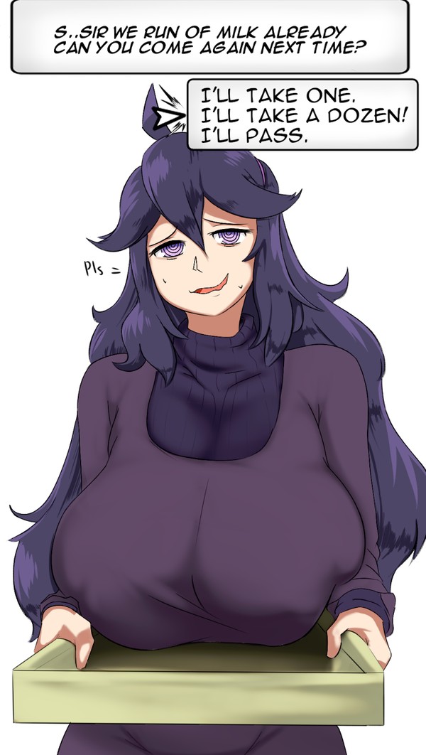 1girls, alternate breast size, big breasts, breasts, cute, female, goth, goth girl, gothic, hex maniac, huge breasts, human, large breasts, light skin, light-skinned female, long hair, milk, milk bottle, nintendo, open mouth, pokemon, pokemon xy, purple hair, setawar (coco), shy, text, top heavy, voluptuous