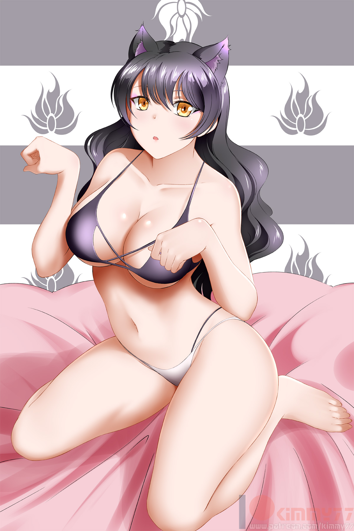 1girls, black hair, blake belladonna, breasts, cat ears, female, kimmy77, on bed, rwby, tagme, yellow eyes
