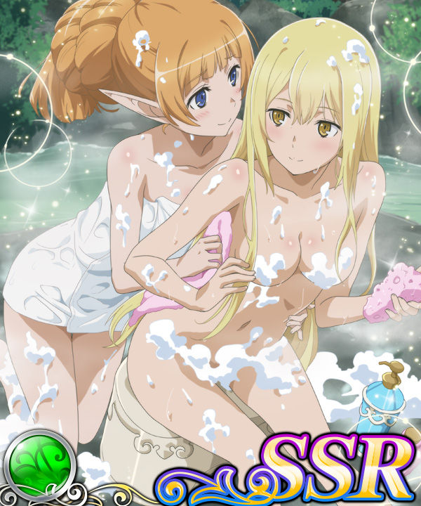 2girls aiz_wallenstein alternative_hairstyle bathing blonde_hair blue_eyes blush breasts dungeon_ni_deai_wo_motomeru_no_wa_machigatteiru_darou_ka elf elf_ears elf_female elf_girl golden_eyes human kneeling lefiya_viridis light-skinned_female long_ears long_hair medium_breasts naked naked_female nude nude_female orange_hair pointy_ears sitting smile thighs towel towel_only washing_back wet wet_body wet_skin