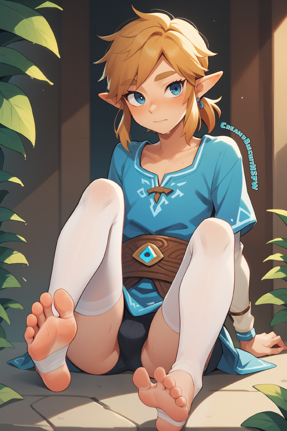 1boy ai_generated bangs barefoot blonde_hair blue_eyes blue_shirt blush bulge closed_mouth creamybiscuit earrings feet femboy foot_focus jewelry link male_focus no_shoes otoko_no_ko pointy_ears shirt soles stirrup_legwear sweat the_legend_of_zelda thighhighs toeless_legwear toes tunic underwear watermark white_thighhighs