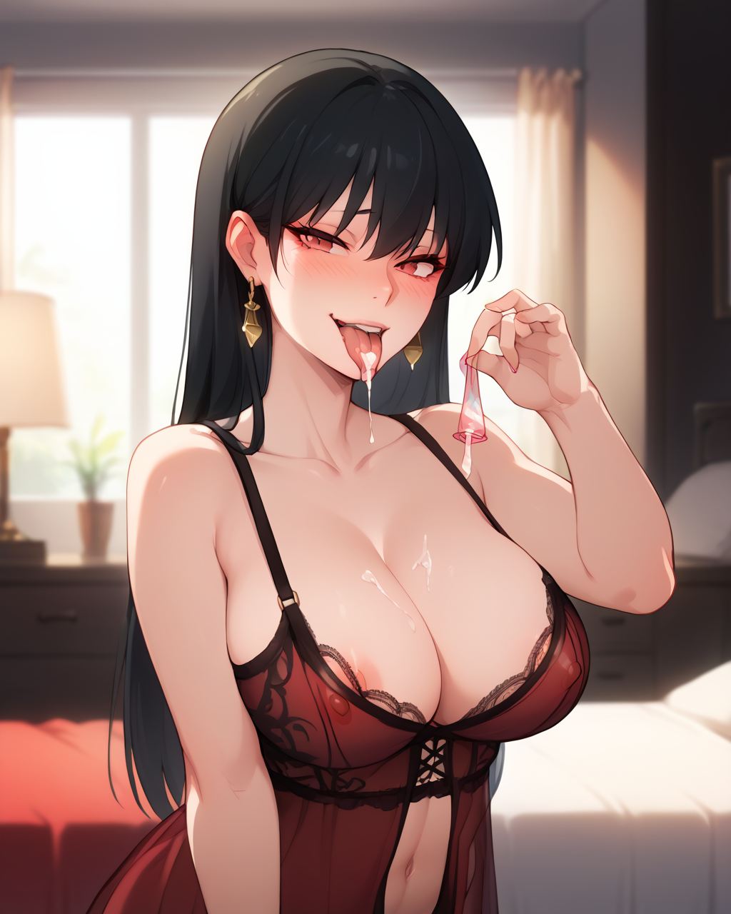 ai-kun ai_generated condom cum cum_on_tongue drinking_cum lingerie spy_x_family yor_briar