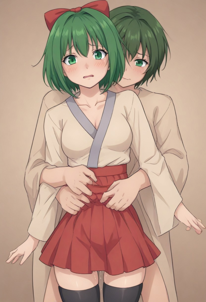 1boys 1girls ai_generated bad_anatomy black_thighhighs blush cleavage from_behind genderswap_(ftm) green_eyes green_hair hakama_skirt hetero japanese_clothes mai_shishikusa male/female masa_works_design mjdennsfw multi_arm multi_limb oni_to_kitsune_no_hanashi pussy_juice_drip red_hair_bow rule_63 selfcest short_hair thighhighs wedgie zettai_ryouiki