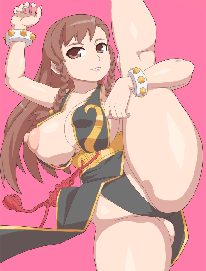 1girls, alternate costume, areolae, big breasts, braided hair, breasts, brown eyes, brown hair, capcom, chun-li, chun-li (battle ouffit sfv), exposed breasts, female, female focus, female only, huge breasts, kabeume, large breasts, leg hold, leg up, long hair, nipples, one breast out, pink background, solo, street fighter, street fighter v, thick thighs, thighs, vertical splits