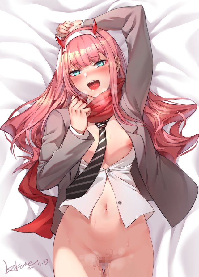 :d arm_up bangs black_neckwear blazer blue_eyes blunt_bangs blush bottomless breasts breath censored collared_shirt darling_in_the_franxx diagonal-striped_neckwear diagonal_stripes eyebrows_visible_through_hair female grey_jacket hairband horns jacket long_hair long_sleeves looking_at_viewer lxkate medium_breasts mosaic_censoring navel necktie nipples no_bra nose_blush oni_horns open_blazer open_clothes open_jacket open_mouth open_shirt pink_hair pink_nails pussy pussy_juice red_horns red_scarf scarf school_uniform shirt smile solo striped striped_neckwear sweat unbuttoned white_hairband white_shirt zero_two_(darling_in_the_franxx)