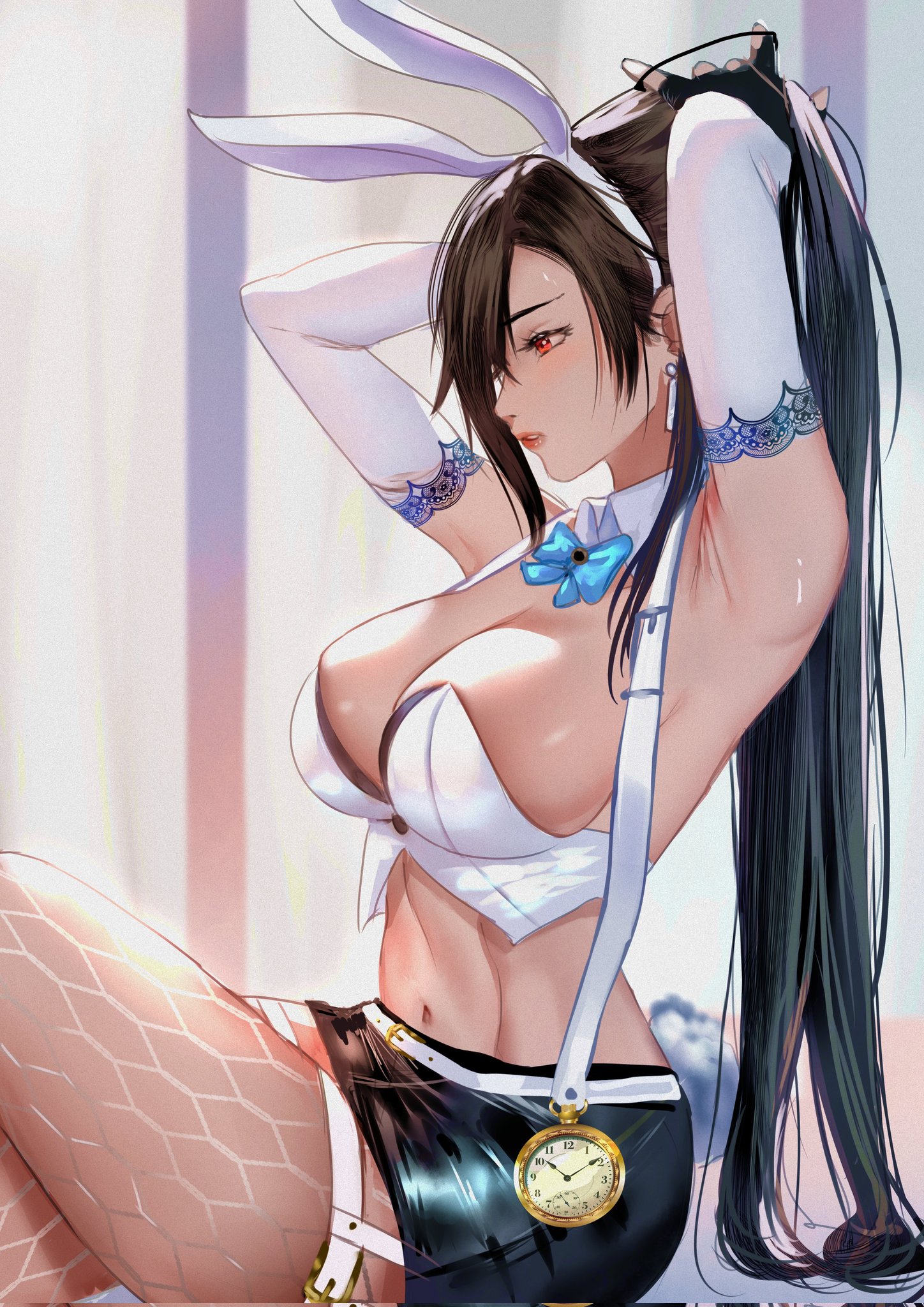 1girls, arialla draws, big breasts, black hair, breasts, bunny ears, cleavage, earrings, elbow gloves, female, final fantasy, final fantasy vii, long hair, navel, red eyes, sitting, skirt, solo, stockings, tifa lockhart, tying hair