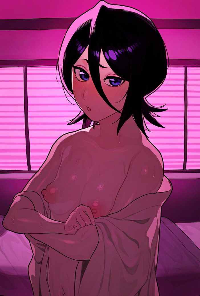 abarada ai_generated bare_shoulders black_hair bleach breasts collarbone female kuchiki_rukia nipples short_hair small_breasts solo standing