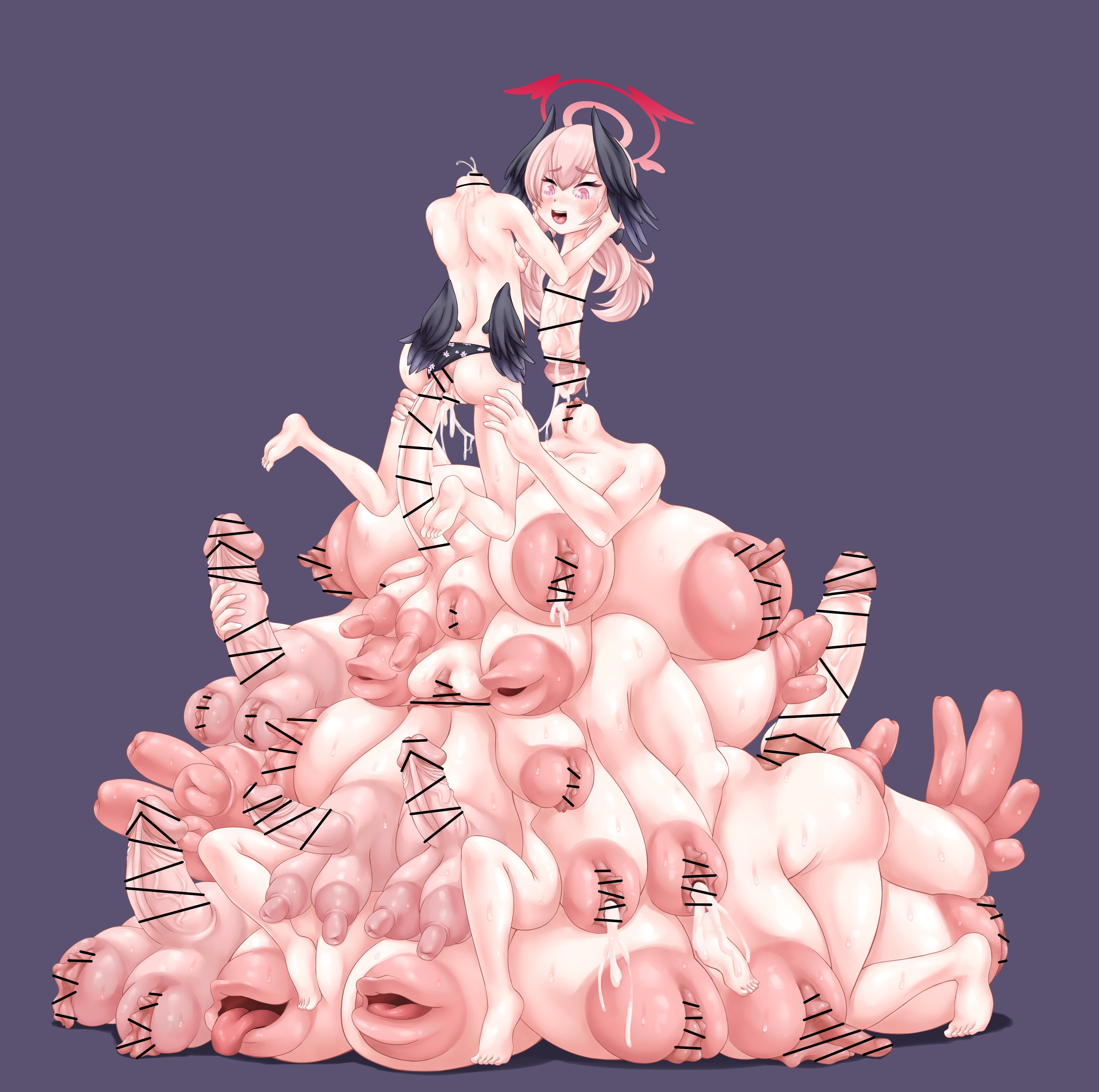 after ejaculation, bar censor, blue archive, body horror, breasts, censored, clitoris, cum, cum in pussy, cum leaking, cum leaking out of pussy, ejaculation, erect clitoris, female, futa sans balls, futanari, halo, handjob, hands on own penis, handsfree ejaculation, heptaphallia, herm, hermaphrodite, hexaphallia, holding head, huge breasts, huge cock, hyper breasts, hyper clitoris, hyper penis, imminent penetration, imminent sex, intersex, koharu (blue archive), large clitoris, lipples, masturbation, monophallia, mouth nipples, multi arm, multi breast, multi genitalia, multi glans, multi leg, multi limb, multi mouth, multi nipple, multi penis, multi pussy, multi torso, nipples, oscar p1ne, penis, penis neck, penis nipples, penis transformation, precum, projectile cum, pussy, pussy neck, pussy nipples, taur, transformation, unusual anatomy, unusual anatomy placement, unusual genitalia placement, unusual penis placement, unusual pussy placement, what