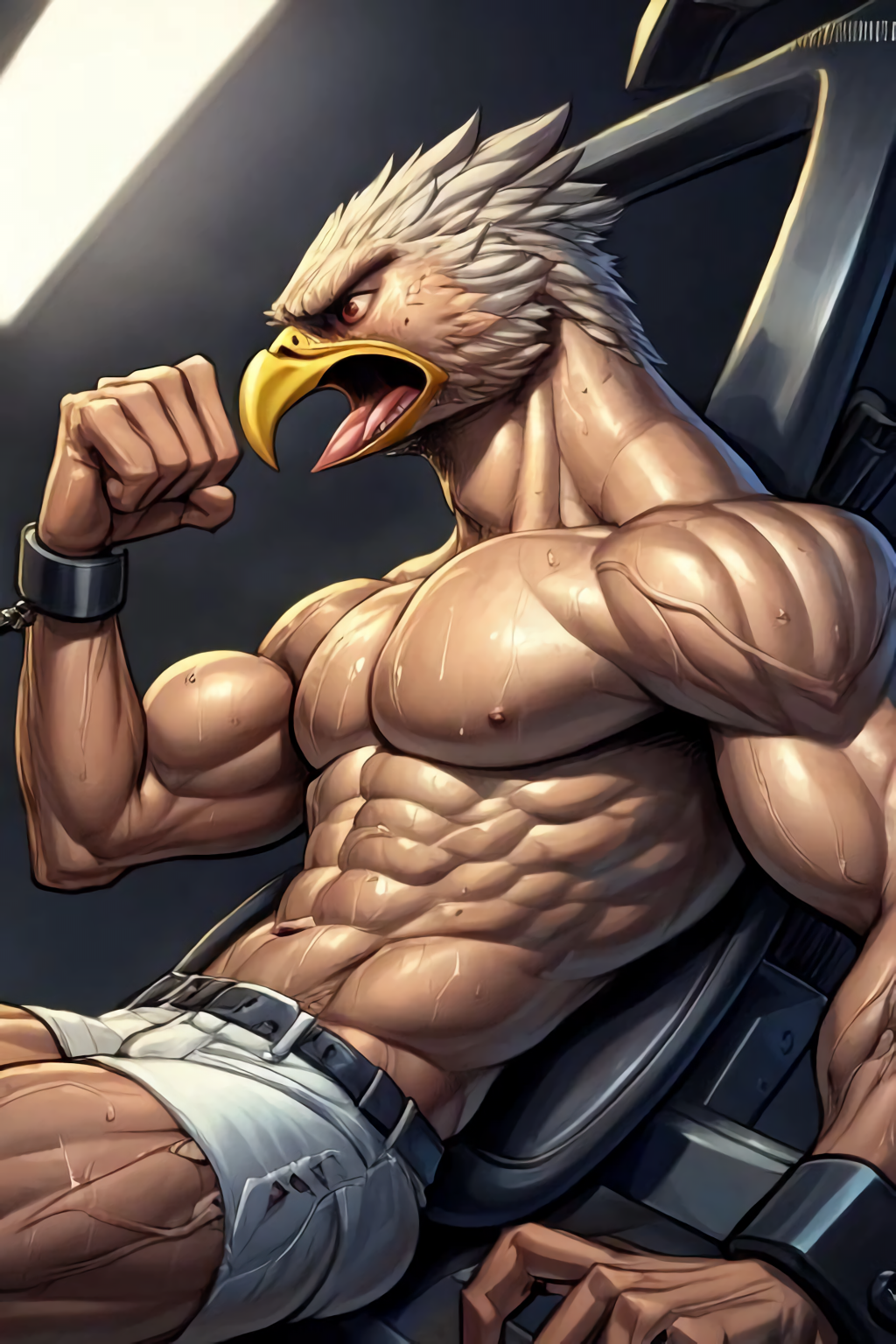 abs ai_generated anthro athletic avian beak biceps bird bodily_fluids bondage bondage bound cuff_(restraint) eagle growth laboratory male muscle_growth muscular muscular_anthro muscular_male pain pecs restraints screaming solo sweat sweating_profusely test_subject