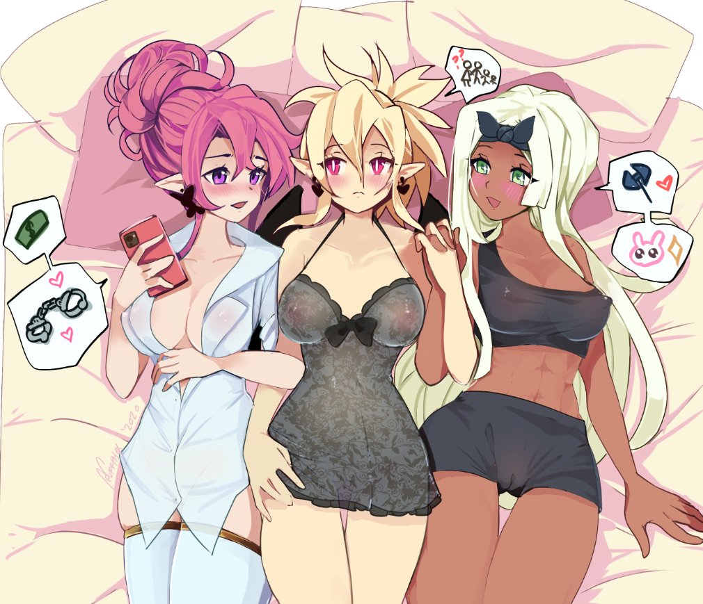 3girls big_breasts disgaea disgaea_2 disgaea_3 disgaea_5 laying_down laying_on_bed lingerie looking_at_another looking_at_viewer negligee pink_hair puffphox purple_eyes rozalin sapphire_rhodonite see-through_clothing seraphina_(disgaea) tagme thick_thighs