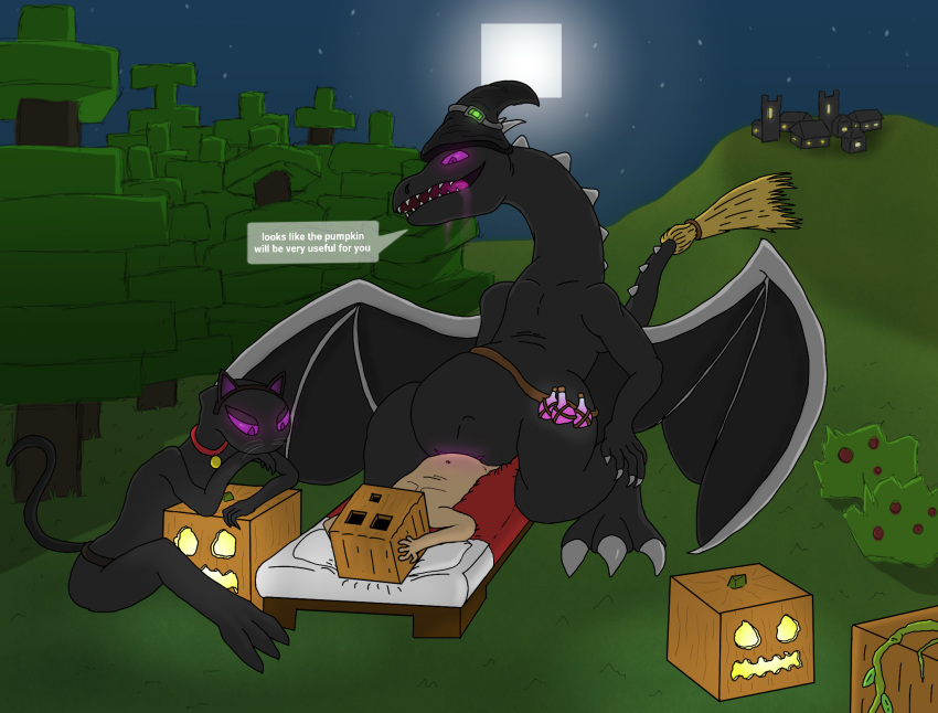 2d bed black_body clothing costume dragon duo ender_dragon enderman female feral food fruit furniture halloween holidays horn human human_on_feral interspecies jean? larger_female male male_on_feral mammal minecraft moon night open_mouth plant pumpkin purple_eyes scalie scalie_female sex size_difference smile straight strohdelfin tree video_games village wings zoophilia