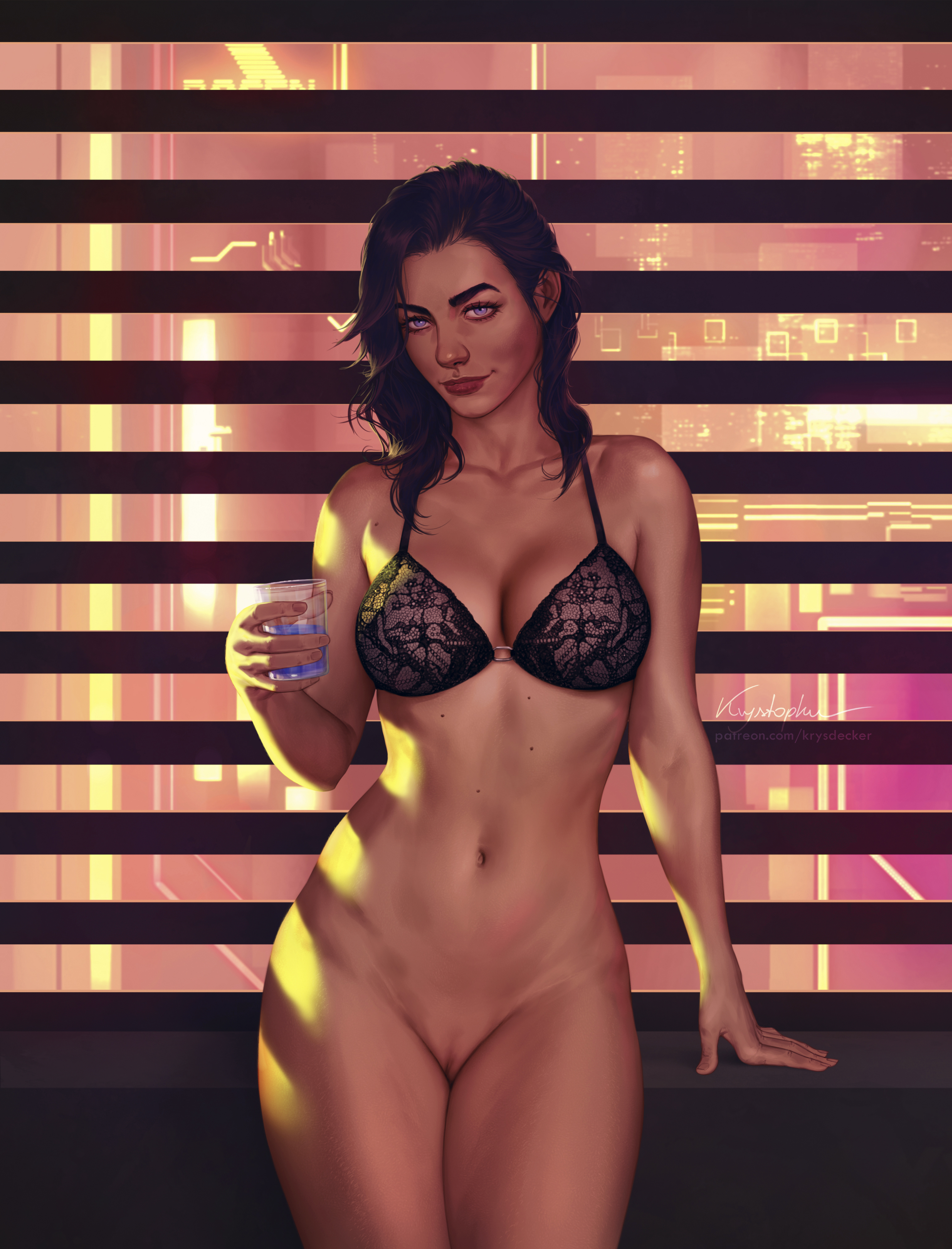 1girls, bioware, black hair, blue eyes, bottomless, bra, breasts, casual, dark hair, drink, female, female only, hairless pussy, holding drink, hourglass figure, human, human only, krysdecker, large breasts, long hair, looking at viewer, mass effect, miranda lawson, navel, pussy, shaved pussy, solo, uncensored, vagina