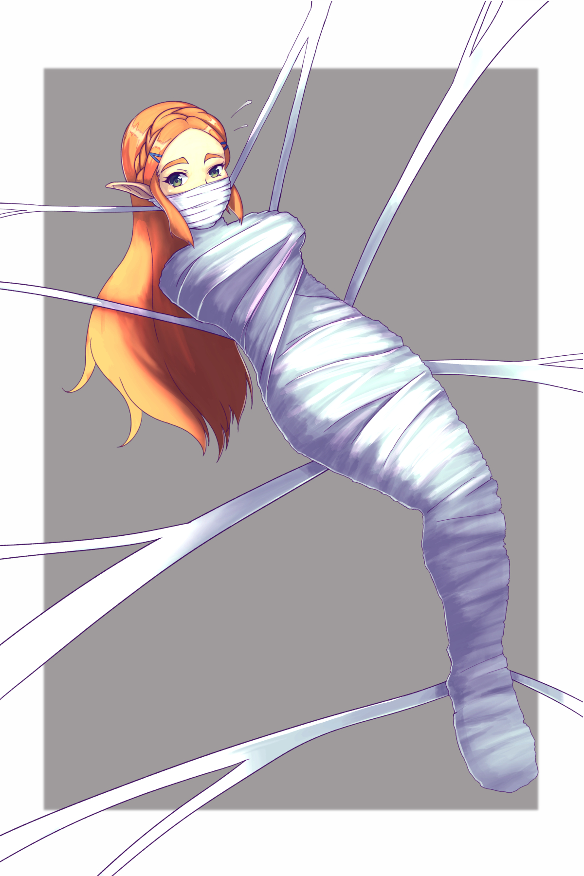 1girls, bdsm, bondage, bound, breath of the wild, cocoon, cocooned, covered mouth, female, gag, gagged, mummification, mummified, need this myself, nintendo, orange hair, princess zelda, restrained, spider web, the legend of zelda, unknown artist, web, web bondage, web gag, zelda (breath of the wild)