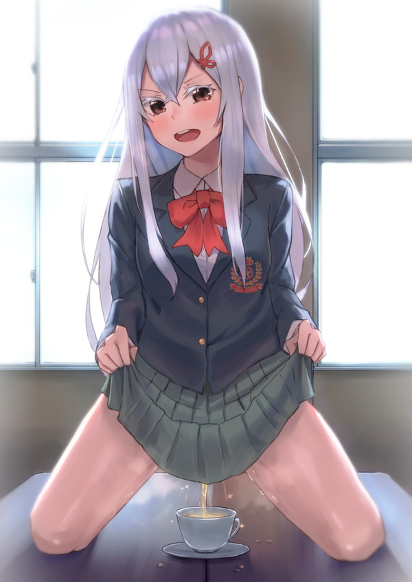 1girls amog blush blushing bodily_fluids brown_eyes classroom clothing container_urination cup echidna_(re:zero) female hair_ornament hair_ribbon kneeling lifting lifting_skirt long_hair looking_at_viewer open_eyes open_mouth pale-skinned_female pale_skin pee_on_desk peeing peeing_in_cup re:zero_kara_hajimeru_isekai_seikatsu school_uniform schoolgirl sitting_pee skirt skirt_lift skirt_up solo solo_female solo_focus spread_legs spreading tea_cup urinating_female urine urine_in_container white_hair witch_hat