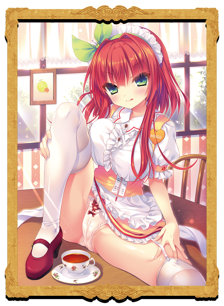 blush green_eyes high_heels looking_at_viewer maid_uniform medium_breasts presenting_pussy red_hair rubi-sama spread_legs tagme thighhighs