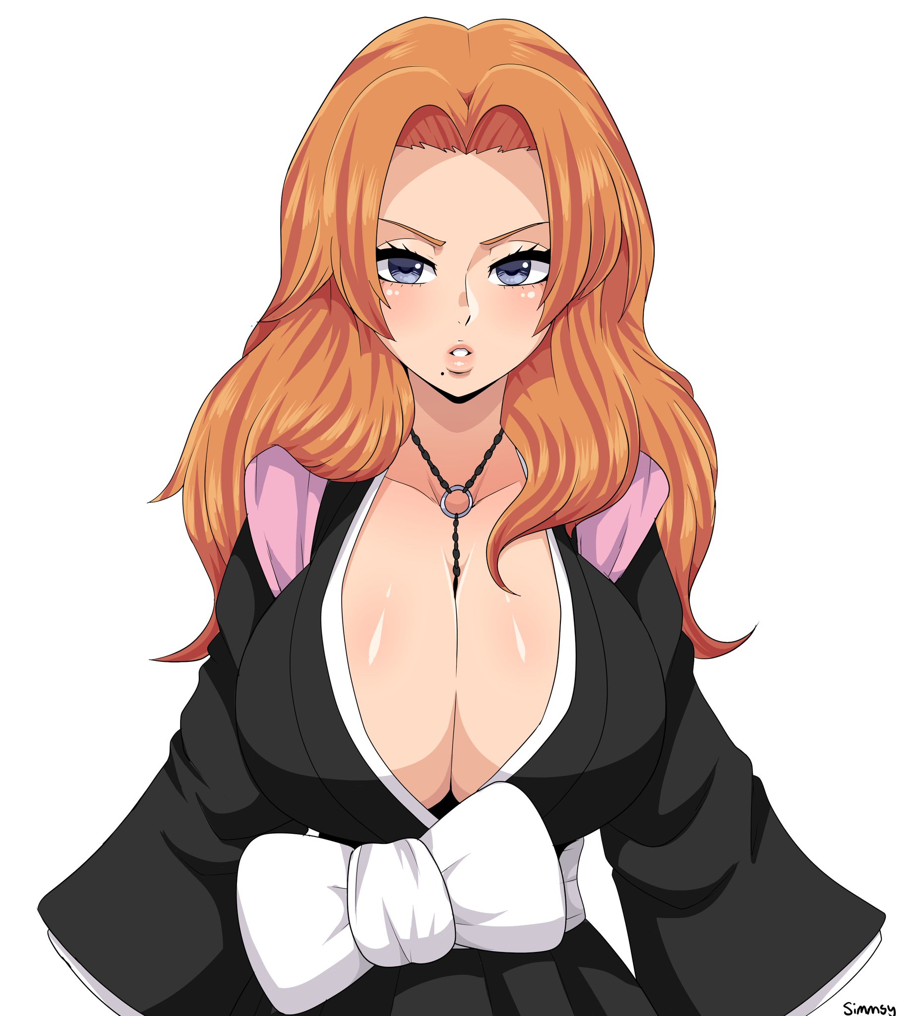 1girls, big breasts, bleach, blue eyes, breasts, cleavage, female, female only, fully clothed, lipstick, matsumoto rangiku, mature female, orange hair, rangiku matsumoto, redhead, seductive look, shounen jump, simmsy, solo, soul reaper