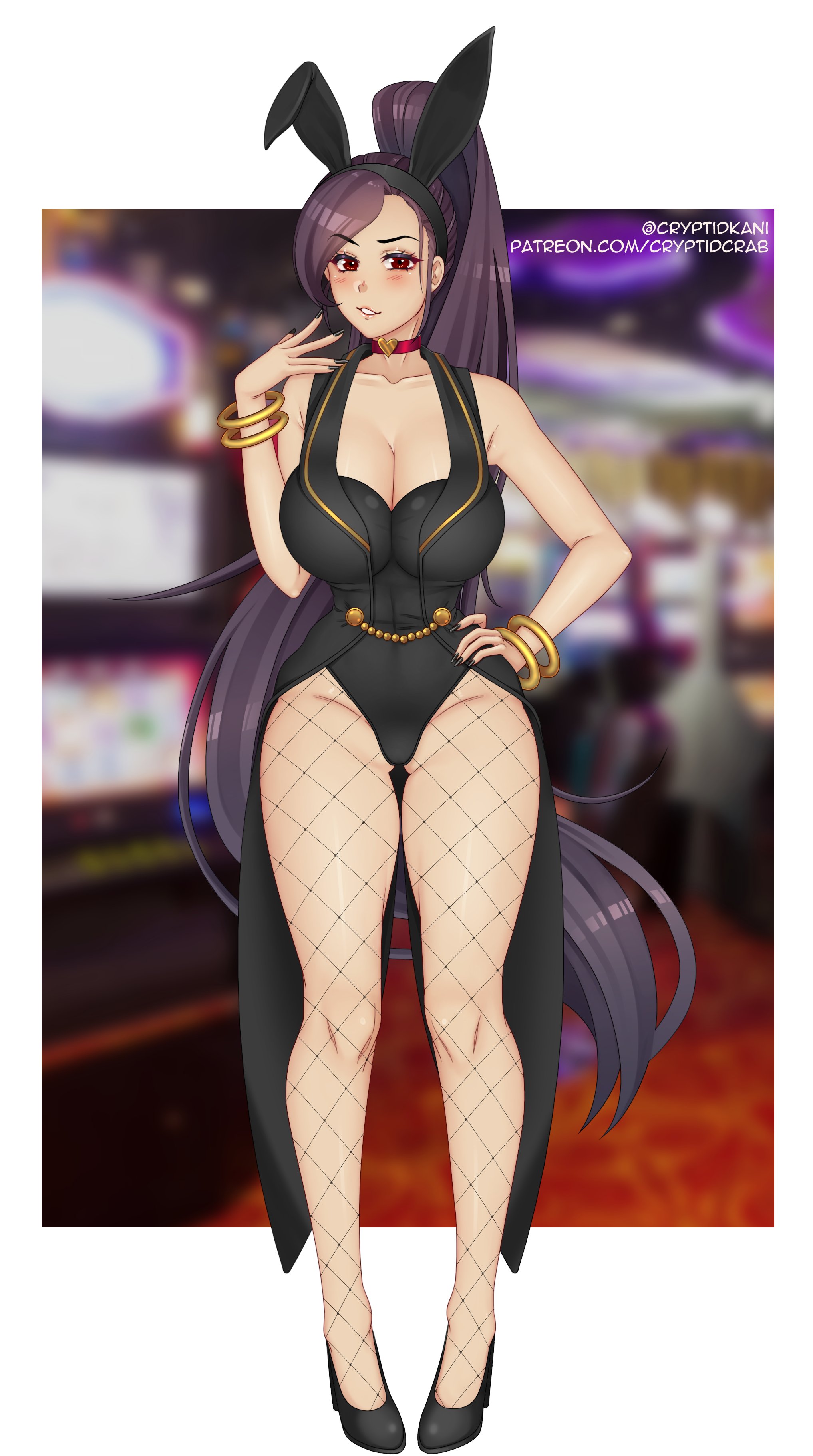 1girls, big breasts, blush, breasts, bunny ears, bunny girl, bunnysuit, cleavage, clothing, cryptid crab, dragon quest, dragon quest xi, female, fishnet stockings, fishnets, jade (dq11), large breasts, long hair, looking at viewer, ponytail, purple hair, red eyes, solo, solo female, very long hair