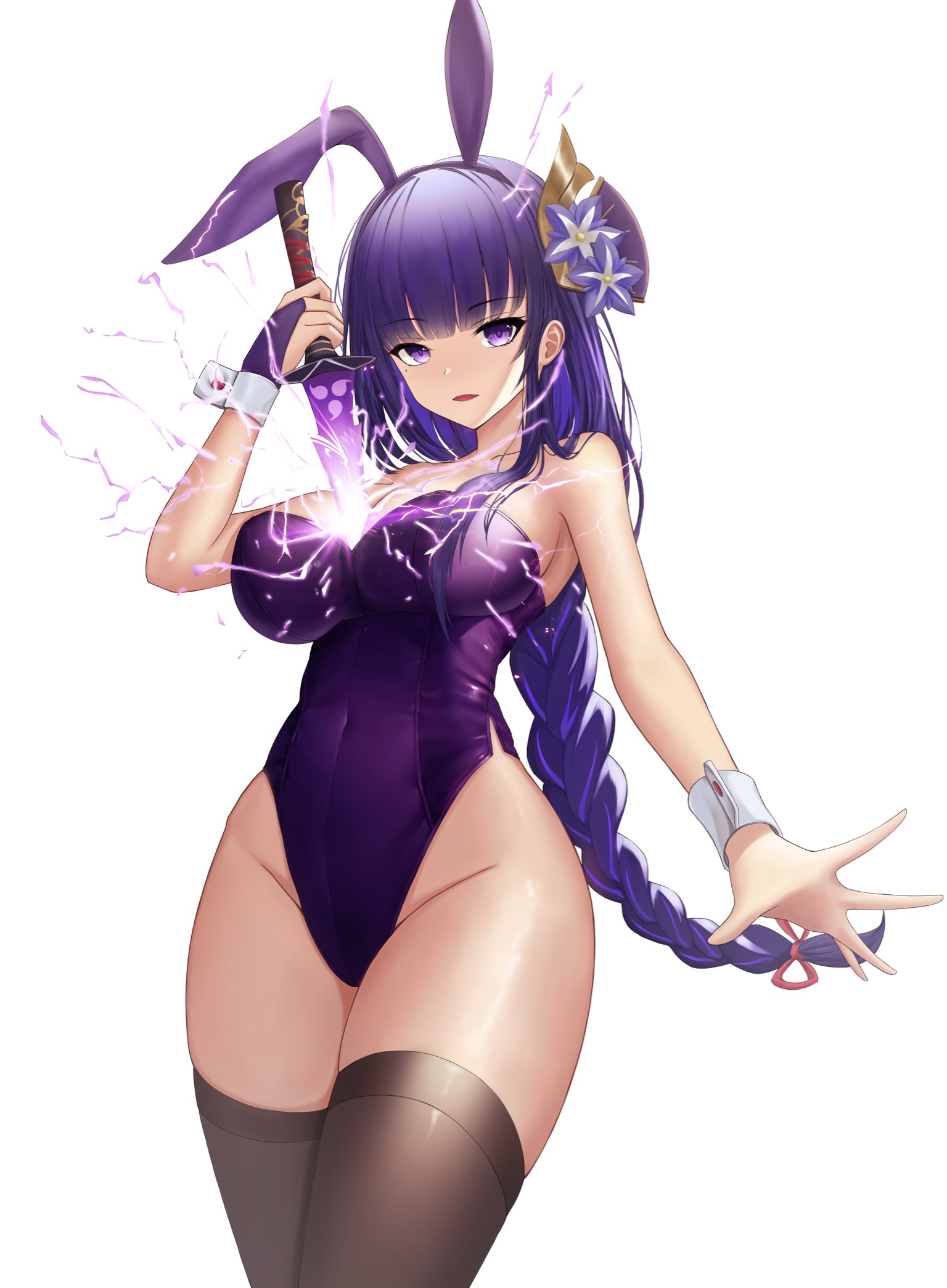 1girls, beauty mark, blush, breasts, bunny ears, bunny girl, bunnysuit, female, genshin impact, large breasts, mole, mole under eye, oshushu, purple eyes, purple hair, raiden shogun, sword, thick thighs, thighhighs, thighs, tight clothing