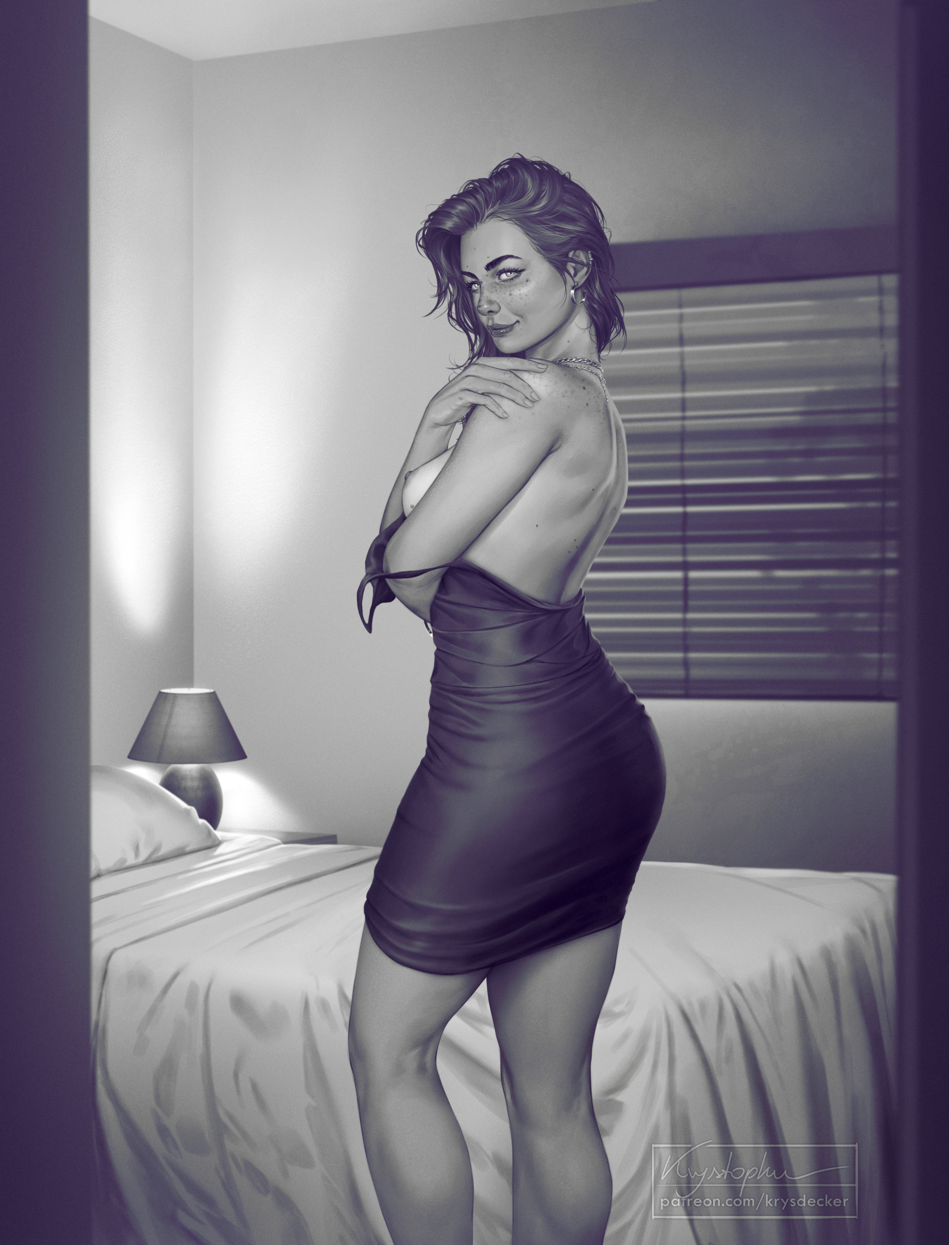 ass, bedroom, black and white, blue eyes, breasts, dress, female, freckles, ginger, green eyes, heterochromia, iris (krysdecker), krysdecker, looking at viewer, looking back, nipples, oc, one breast out, original, original character, red hair, red lipstick, short dress, undressing