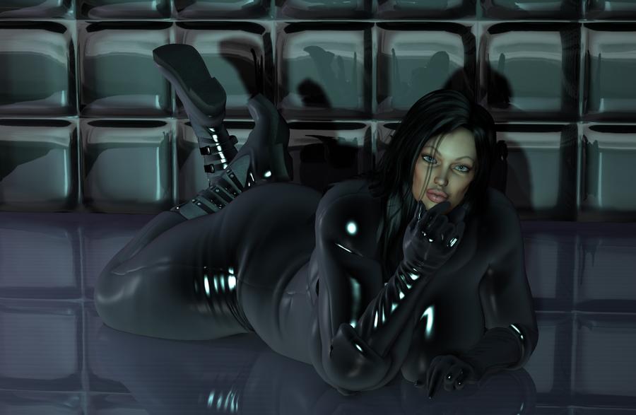 big_ass big_breasts black_hair heel_boots inflatable inflation latex_suit looking_at_viewer lying_on_stomach solo_female tagme thick_thighs ylandrax