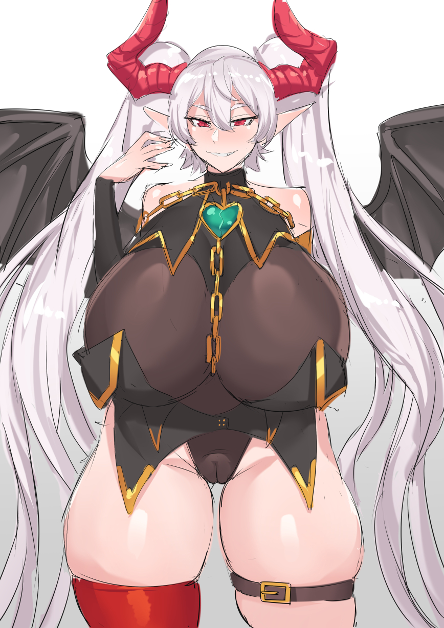 1girls, ass, big ass, big breasts, bodystocking, breasts, breasts bigger than head, cameltoe, chains, curvaceous, curvy, curvy body, demon, demon girl, demon horns, female, horns, huge breasts, looking at viewer, pointy ears, pussy, red eyes, revealing clothes, shaved pussy, smiling, solo, solo female, stormcow, succubus, thick, thick ass, thick thighs, transparent clothing, twintails, voluptuous, white background, white hair, wide hips