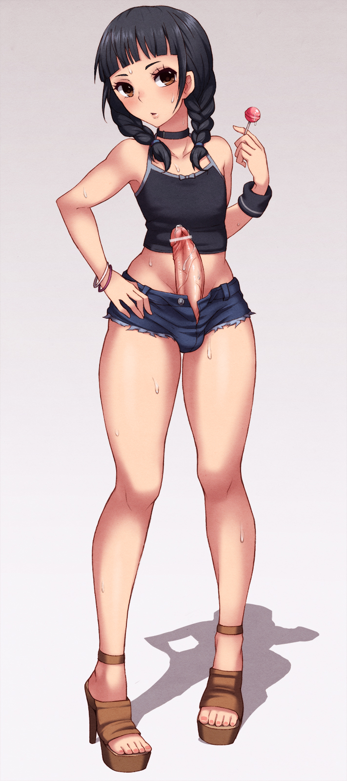 1boy, 1femboy, bar censor, censored, femboy, feminine male, girly, high heels, hung trap, jean shorts, lolipop, male, male only, otoko no ko, penis, shorts bulge, solo, trap, wataya 2