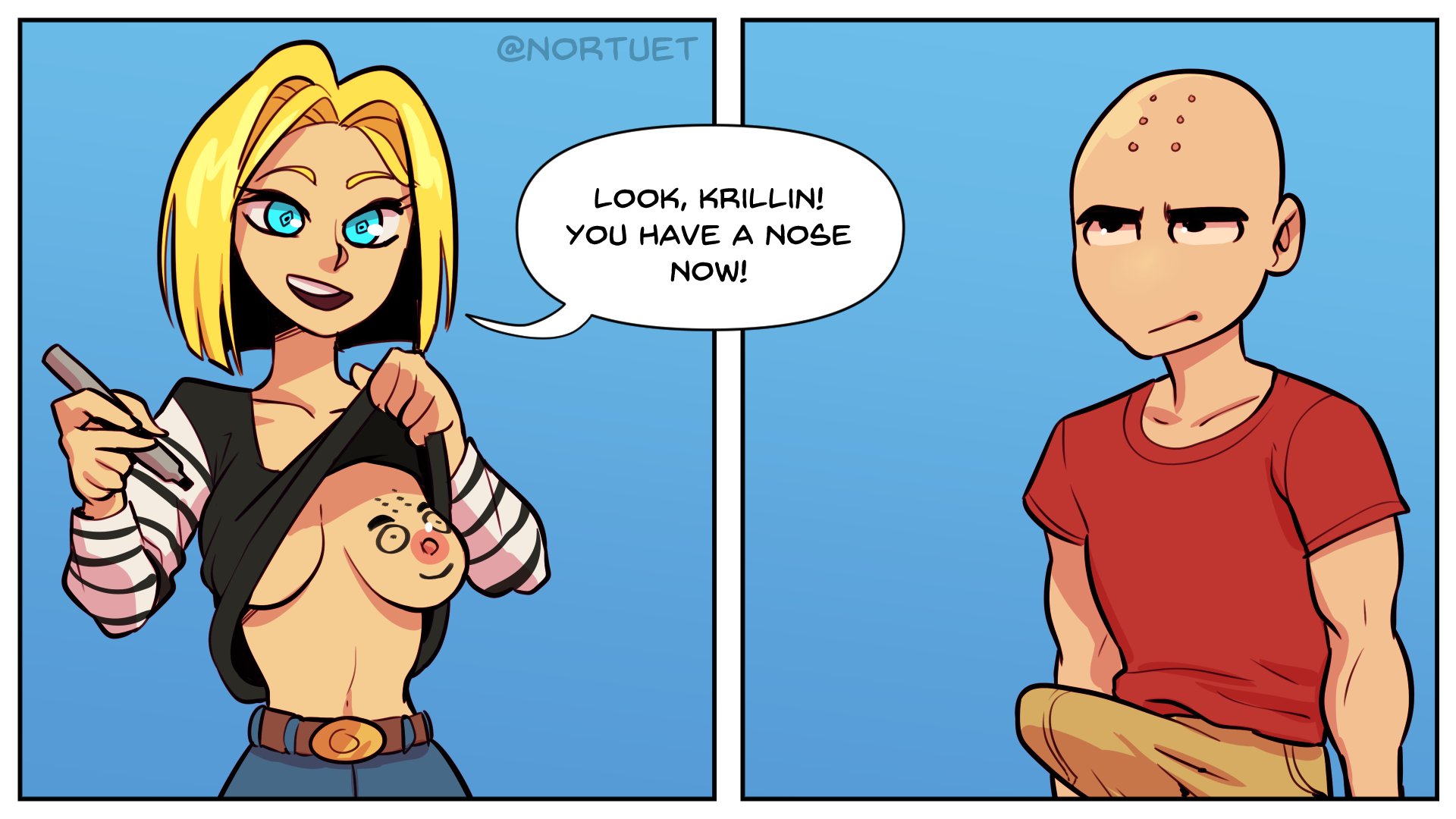 1girls, 2koma, android 18, breasts, comic, dragon ball, dragon ball z, drawing on body, drawing on breast, erection, erection under clothes, female, funny, humor, krillin, kuririn, nortuet, one breast out, shounen jump, wholesome, wholesome body writing
