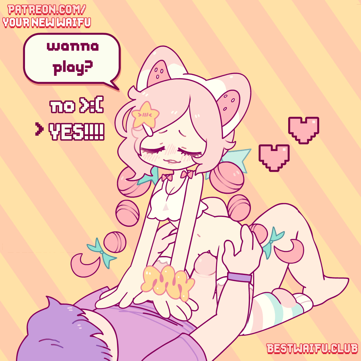 1boy, 1girls, animal ears, animated, biting lip, bottomless, breasts, cat ears, closed eyes, clothed, clothing, cute, duo, eyes closed, female, female focus, human, loop, male, pale skin, partially clothed, penis, pink hair, purple hair, pussy, straight, teasing, text, thighhighs, twintails, yournewwaifu