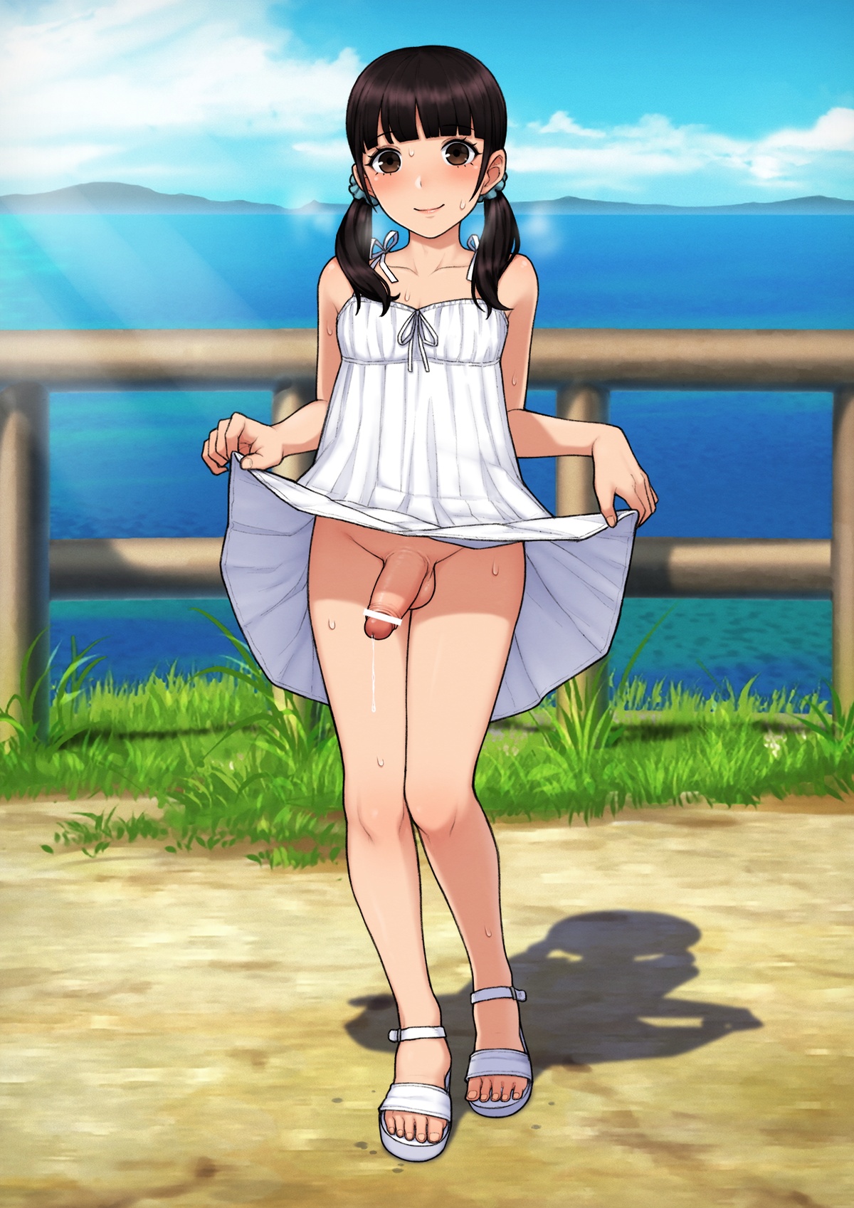 1boy, bar censor, bottomless, bottomless skirt, censored, dress, exhibitionism, femboy, girly, male, male only, no panties, outdoors, penis, penis under dress, solo, trap, wataya 2, white dress