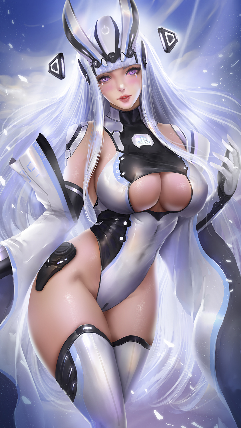 1girls, big breasts, breasts, cleavage, console-tan, female, female only, large breasts, playstation, ps5-tan, solo, thick thighs, thighhighs, wide hips, windwalker