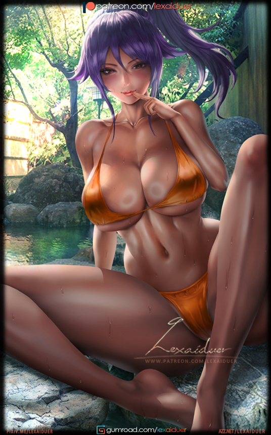 1girls, bare shoulders, barefoot, big breasts, bikini, bleach, breasts, cleavage, collarbone, dark skin, dark-skinned female, detailed background, female, female only, finger to mouth, hot spring, large breasts, lexaiduer, long hair, looking at viewer, ponytail, purple hair, shihouin yoruichi, sitting, solo, spread legs, swimsuit, tied hair, wet, wet body, yellow eyes