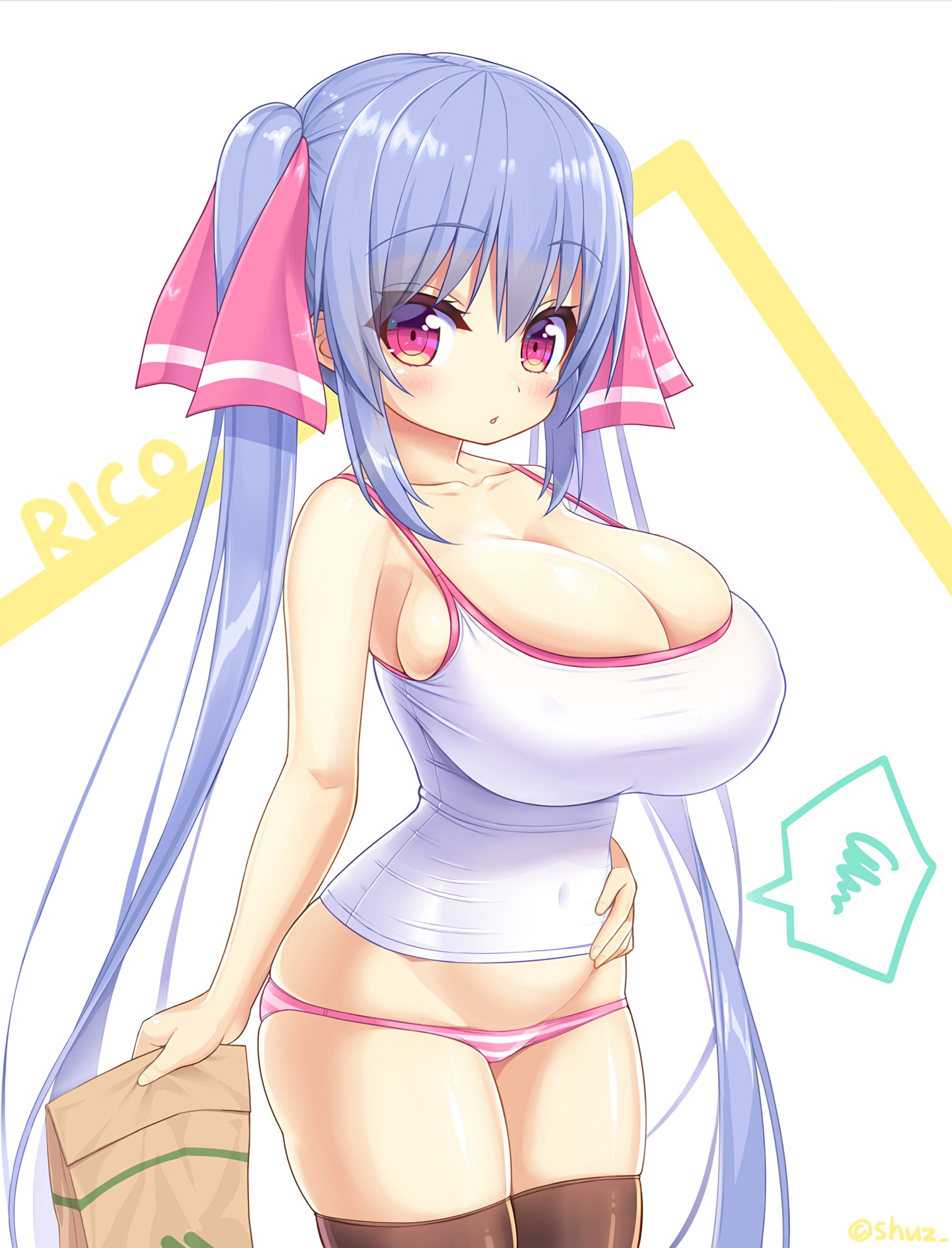 1girls, blush, breasts, cleavage, erect nipples, eyebrows visible through hair, female, gigantic breasts, hand on stomach, huge breasts, hungry, impossible clothes, large breasts, long hair, looking at viewer, multicolored eyes, navel, nipples, open mouth, original, overflowing breasts, panties, paper bag, purple hair, revealing clothes, ribbons, riko (shuz), shortstack, shuz (dodidu), sideboob, small but busty, sound effects, spaghetti strap, stomach noises, striped panties, tank top, thick thighs, thighhighs, tied hair, twintails, very long hair, waifu2x