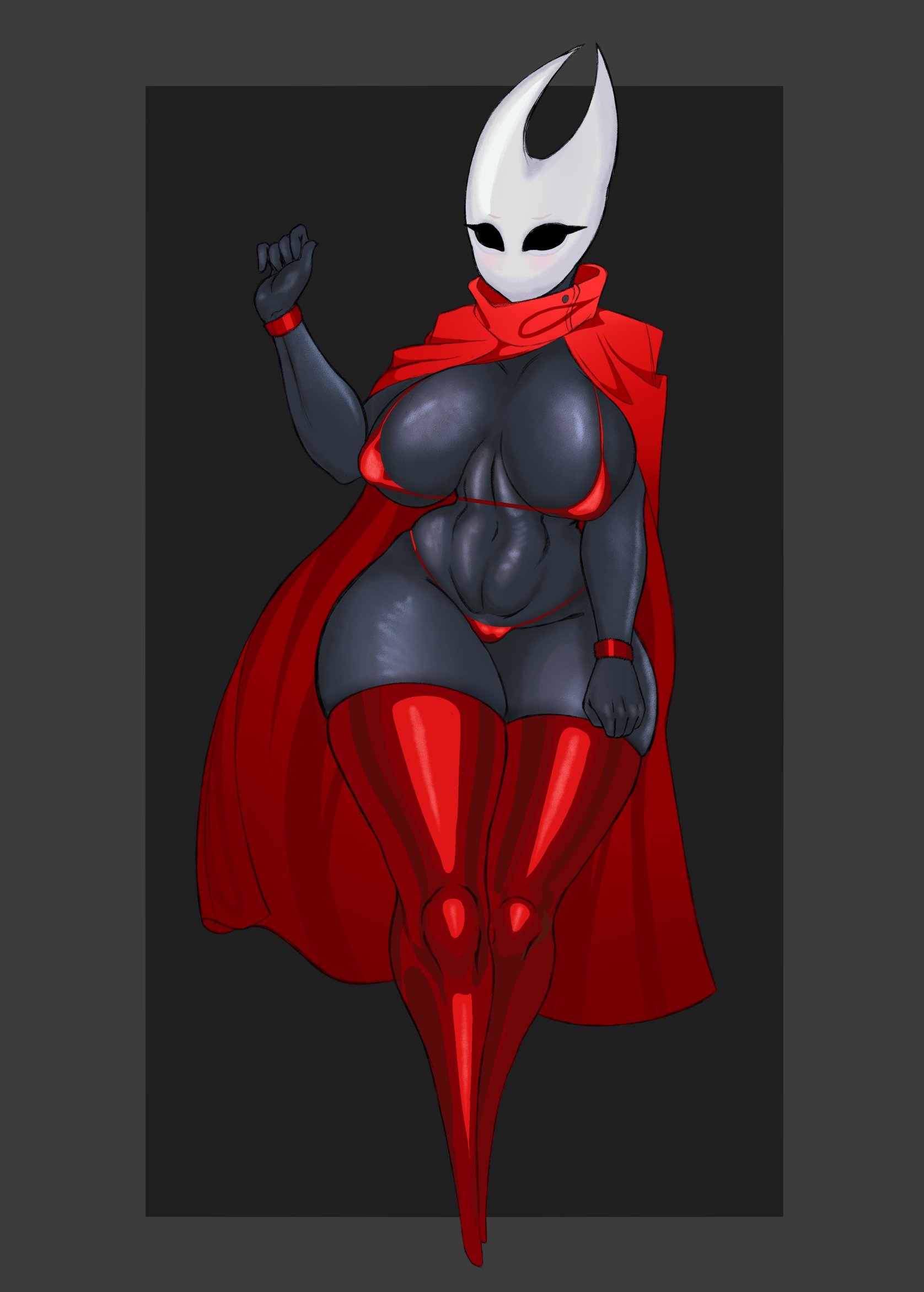 1girls, abs, akimbotabs, ass, big breasts, breasts, cape, cleavage, cloak, female, hollow knight, hornet (hollow knight), large breasts, looking at viewer, micro bikini, red cape, solo, thick thighs, thighhighs, wide hips